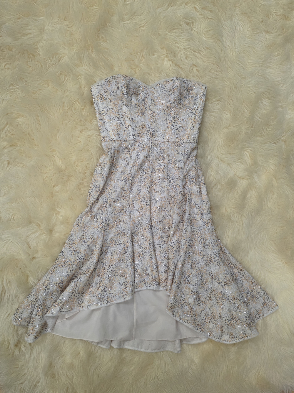 BCBG Max Azria Size 2 Strapless Sequin High-Low Dress in Ivory and Silver